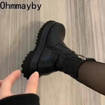 Nový zimní punkový styl dámské kotníkové boty móda silná podrážka zipy gotické krátké boty dámské elegantní ploché boty na platformě