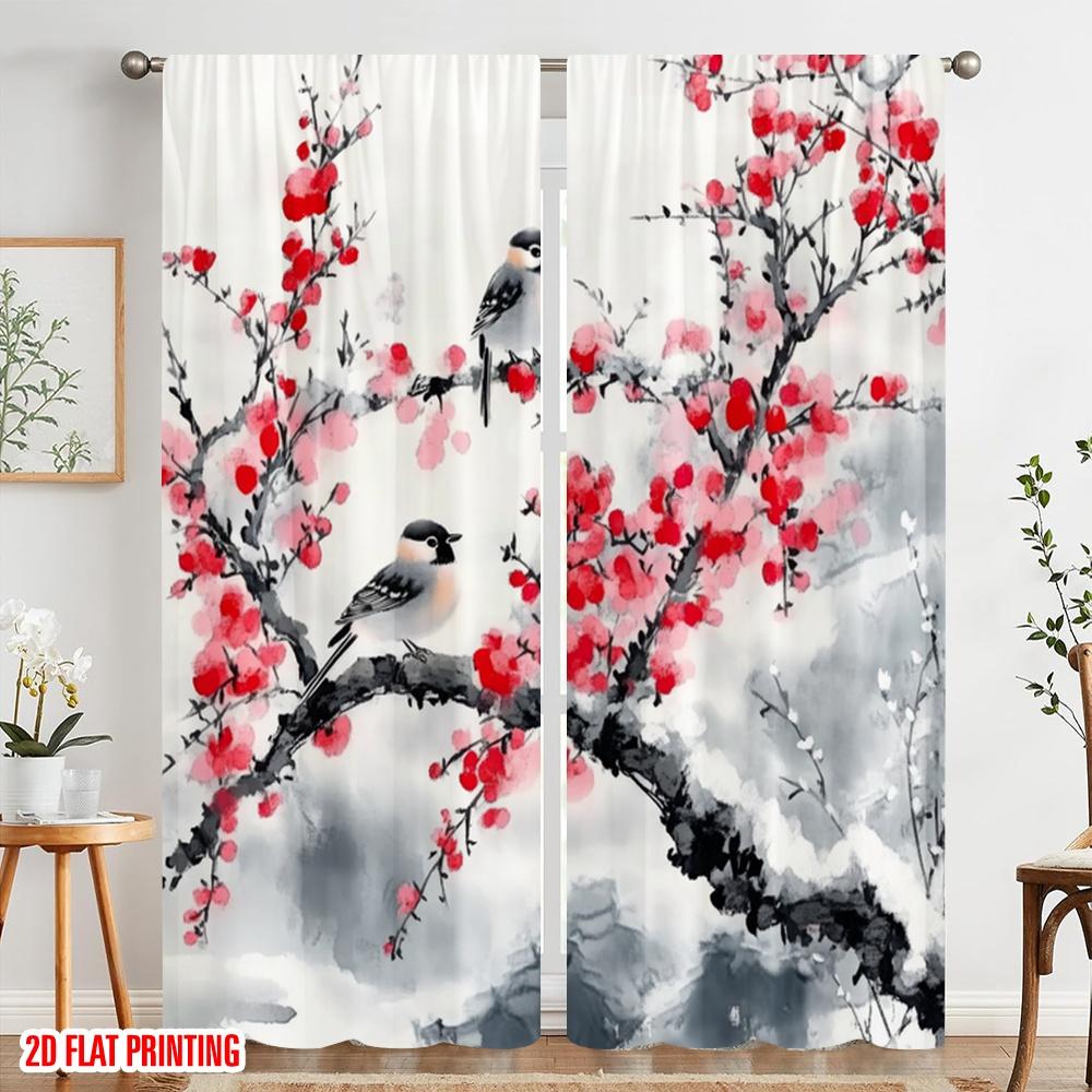 2pcs,2D Plane Printing Light Filtering Curtains Winter Blossoms Versatile Polyester (without Rod) Holiday Use for Various Rooms,