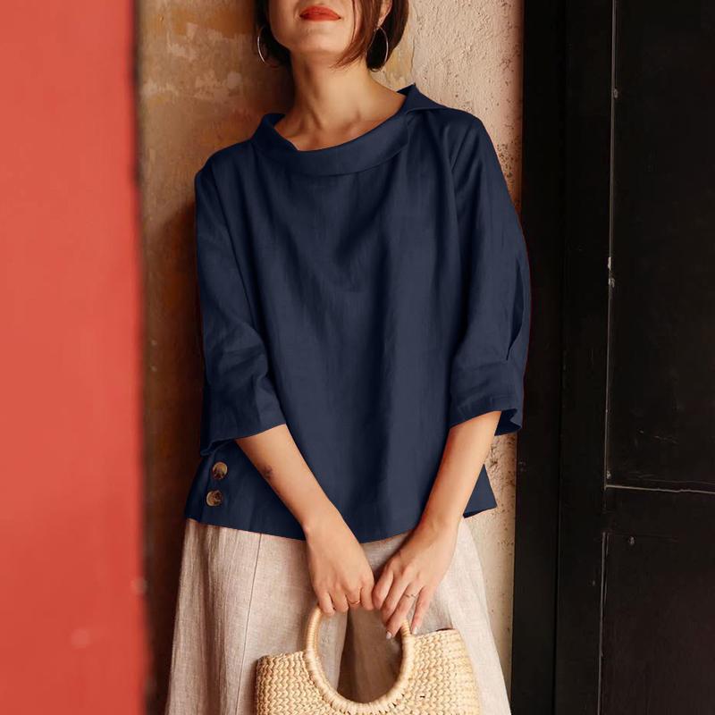 ZANZEA Women Casual Round Neck Solid Color Loose 3/4 Sleeve Blouse