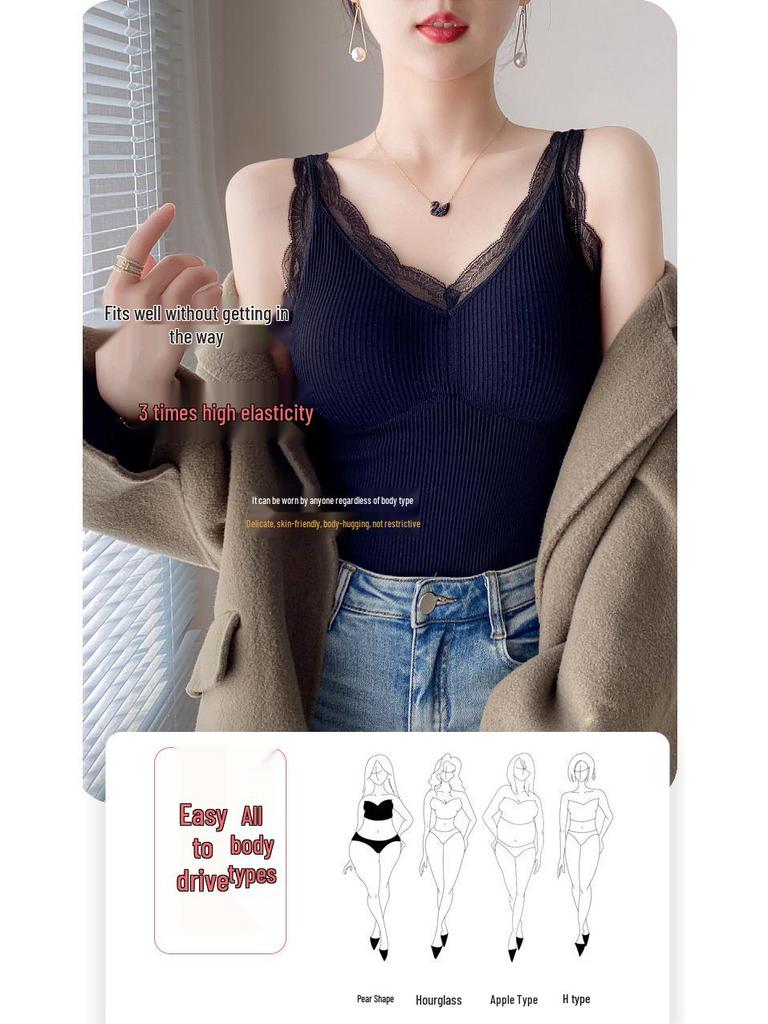 Women's Fleece-Lined Slim-Fit Lace Camisole with Chest Pads - Warm Vest