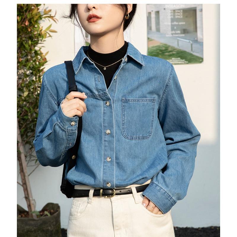 Women's Spring and Autumn Denim Shirt Design Sense Blue Jacket Loose Shoulder Layered French Shirt Long Sleeve
