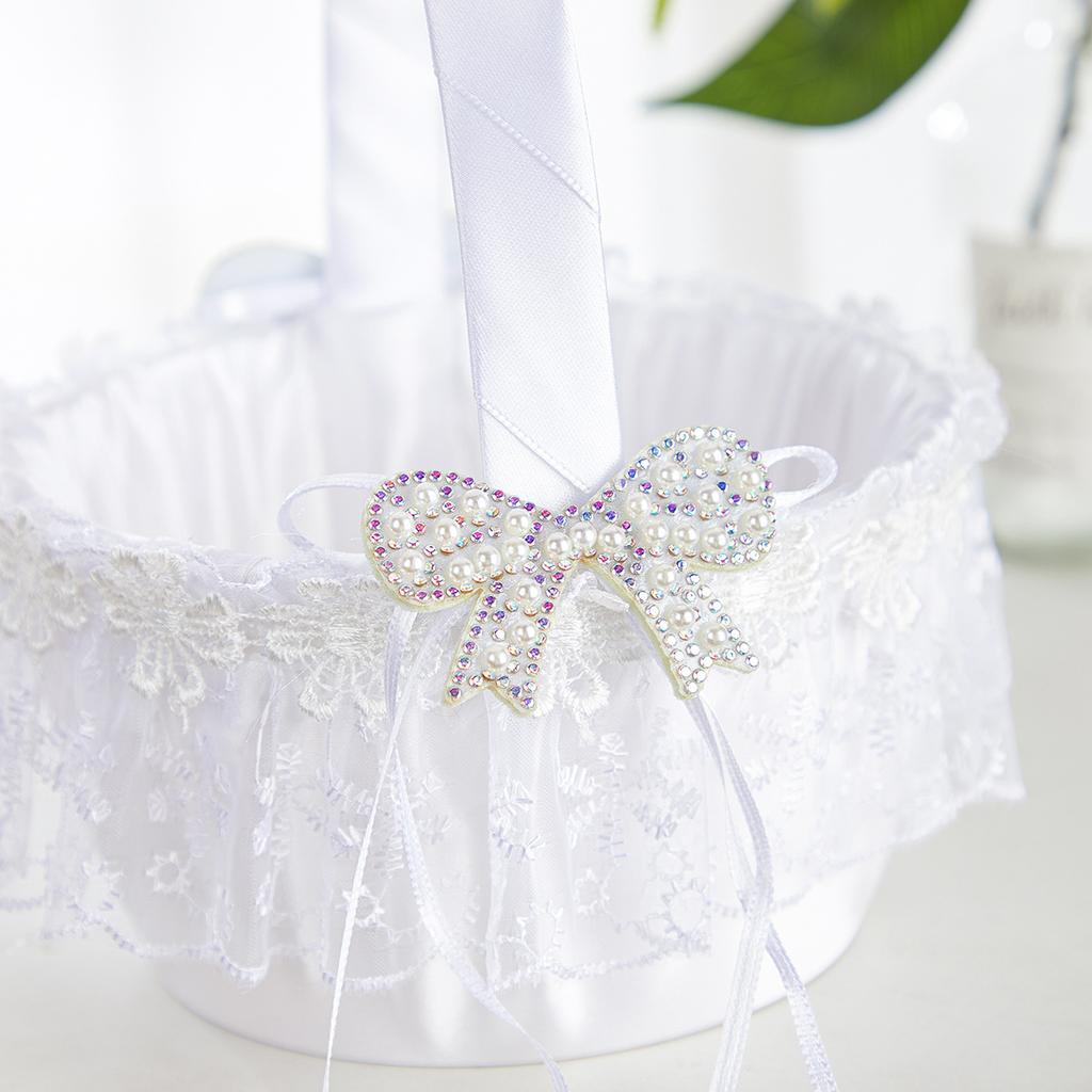 WTEMPO White Wedding Flower Girl Basket Hand-held Bow Flower Basket Lace Brim Decorative Small Basket Parties Weddings Supplies