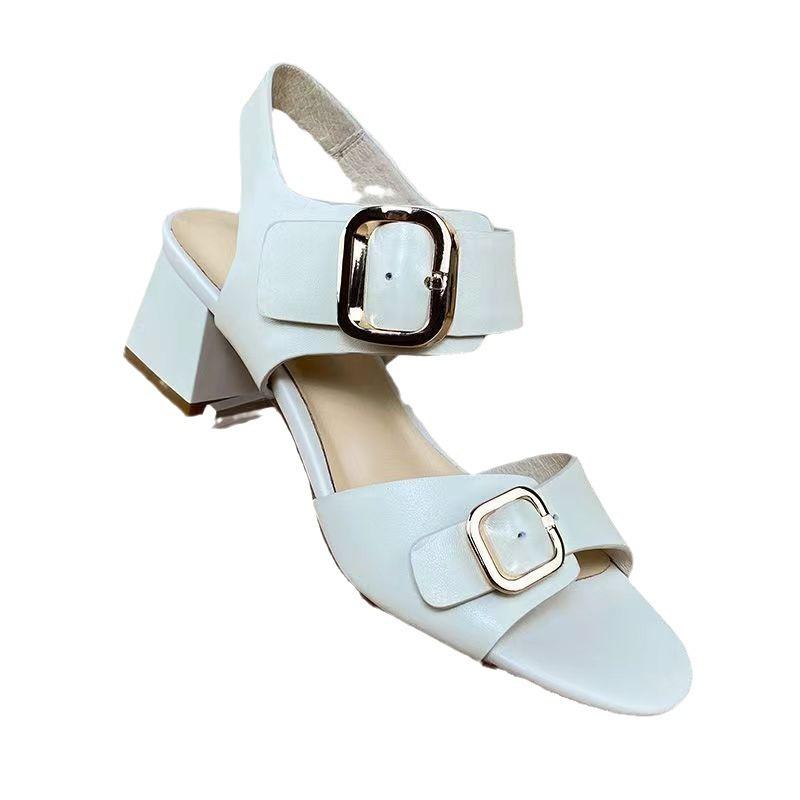 High heels women's 2024 summer new elegant retro square head word with rear zipper open toe thick heel sandals women