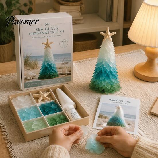 Sea Glass Art Projects for Adults DIY Christmas Tree Kit, 3D Coastal Xmas Craft Kit Creative Relaxing Holiday Activities with Pieces, Handmade
