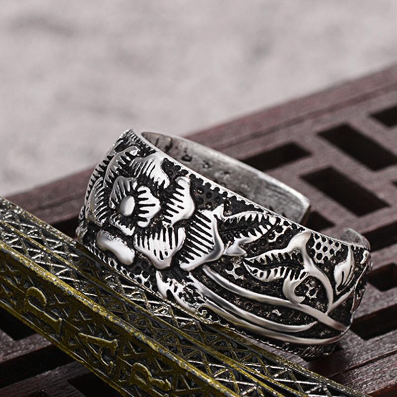 Retro Peony Ring For Men Women Punk Gothic Rock Hiphop Open Ring Handmade Designer Jewelry Biker Accessories Unisex Lover Gift