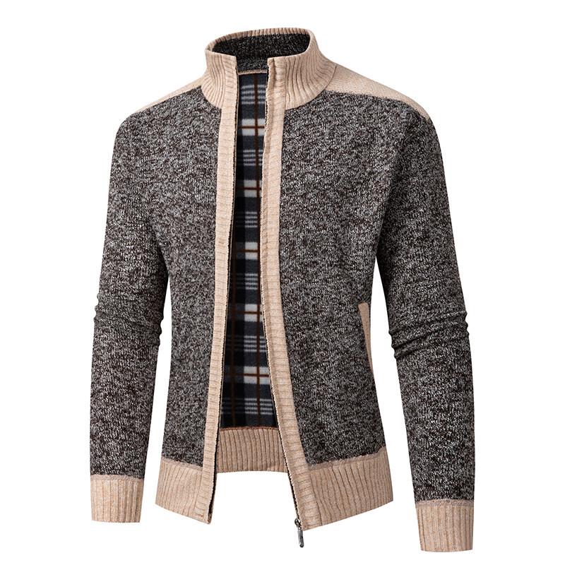 2025 Men's Solid Color Knit Zipper Cardigan - Thick Plus Velvet Coat for Autumn & Winter