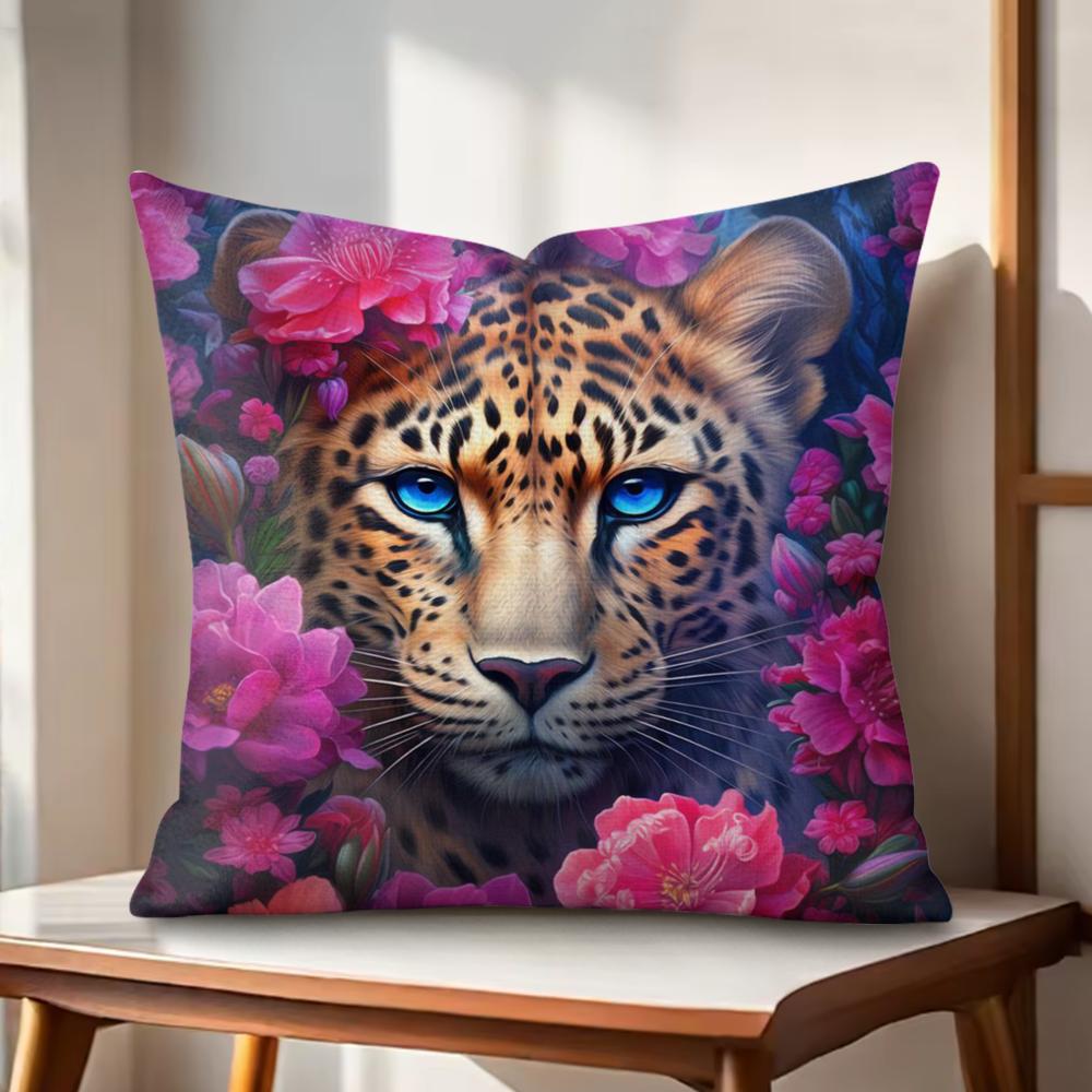 Leopard Kranz Kunst Kissenbezug Natürlicher Leinen Bio-Stoff Beidseitiger Druck Sofakissenbezüge Heimdeko Geschenk