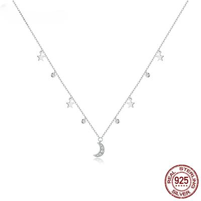 Authentic 925 Sterling Silver White Moon & Star Pendant Necklace for Women Chain Link Necklaces Silver 925 Jewelry
