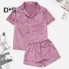 2 Pcs/Set Women Shirt Shorts Suit V Neck Lapel Short Sleeves Satin Solid Color Top Elastic Waist Short Trousers Homewear Loungewear Outfit Summer