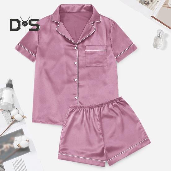2 Stück/Set Damen Hemd Shorts Anzug V-Ausschnitt Revers Kurzärmlig Satin Einfarbig Oberteil Elastischer Bund Kurze Hose Homewear Loungewear Outfit Sommer