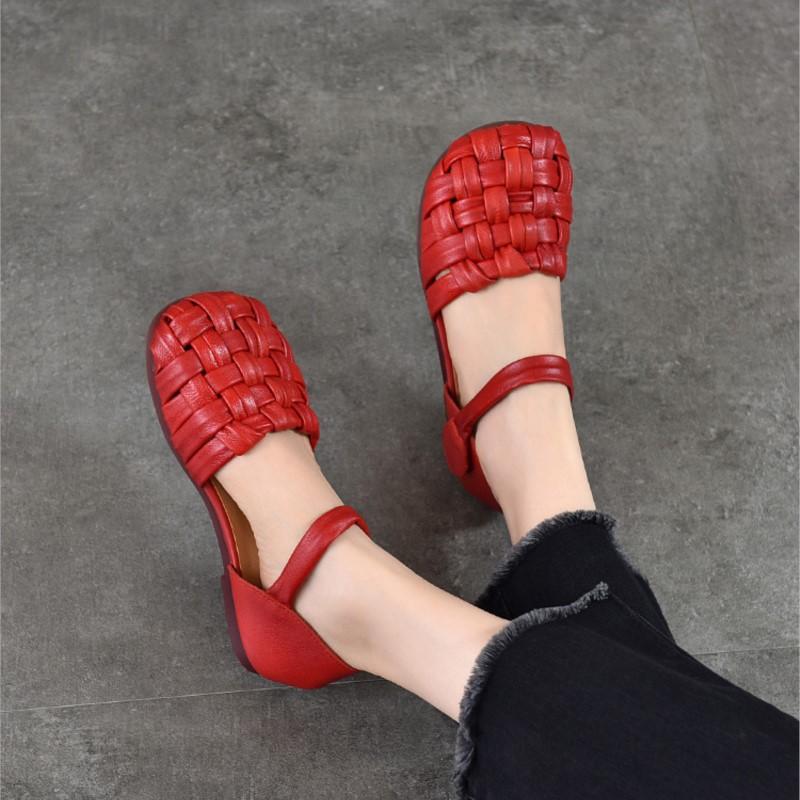 Johnature Versatile Women's Shoes Casual Genuine Leather Hand Woven Round Toe Flat Sandals