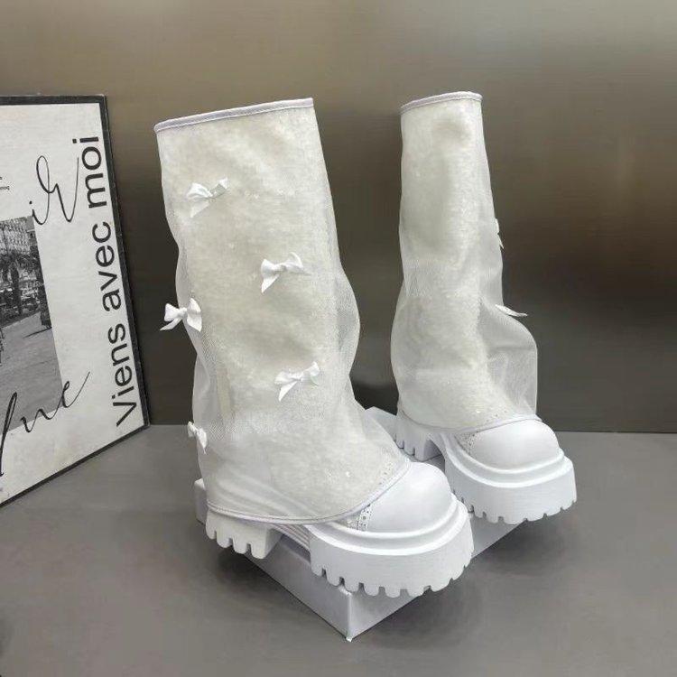 Fashion 2025 Woman High Boots Tall Boots Woman Mesh Breathable High Boots Low Heel Casual Sneaker Leather Shoes Women Long Shoes