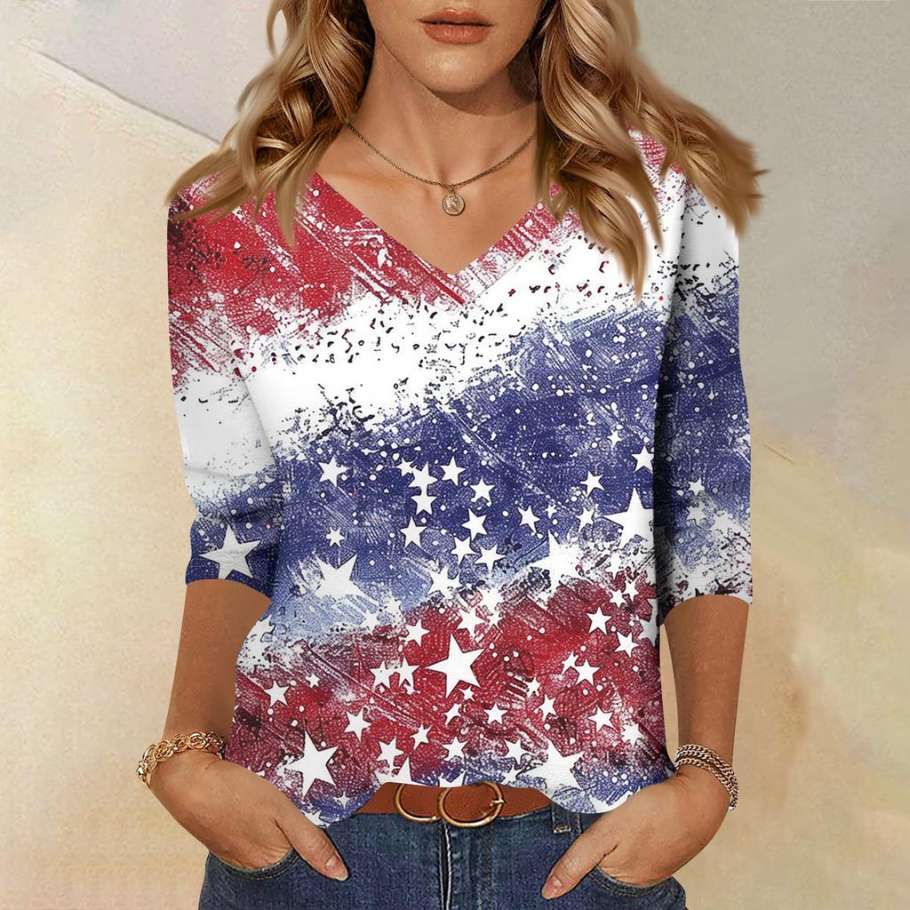 Trendy Vintage 3/4 Sleeve Top For Women,Ladies Casual Three Quarter Sleeve V-neck Printed T-Shirt Blouse
