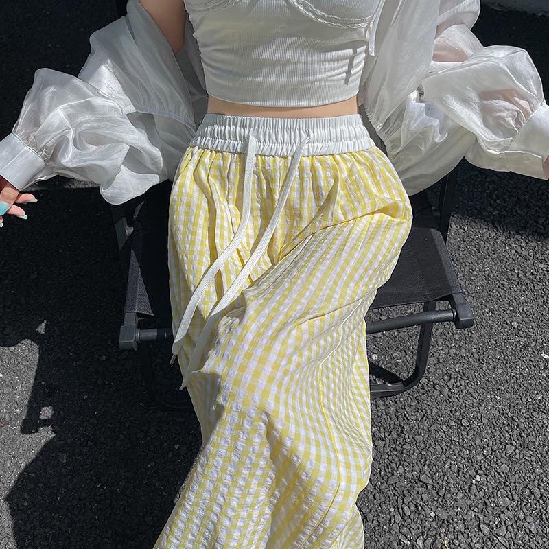 Petite Pink Plaid High Waist Wide Leg Summer Trousers for Women