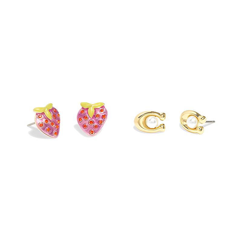 COACH Sweet and elegant strawberry signature brass plated earrings for women pink/gold set