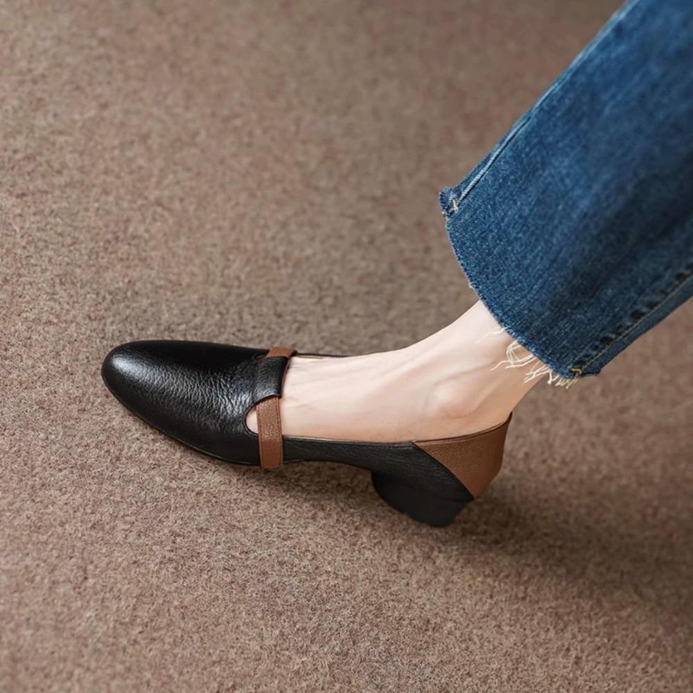 Fashion Pumps Women Autumn New Comfortable Versatile Chunky Heel Soft Leather Soft Sole Non-Tiring Slip-On Pointed Toe Low Heel Shoes