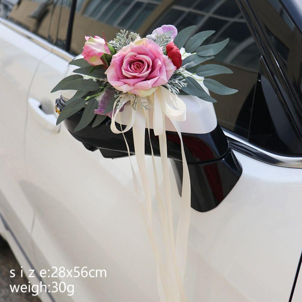 Romantic Wedding Car Floral Ribbon Bridal Wedding Bow Decoration Flower Car Door Handle Mirror Flowers Ceremony Party Decor