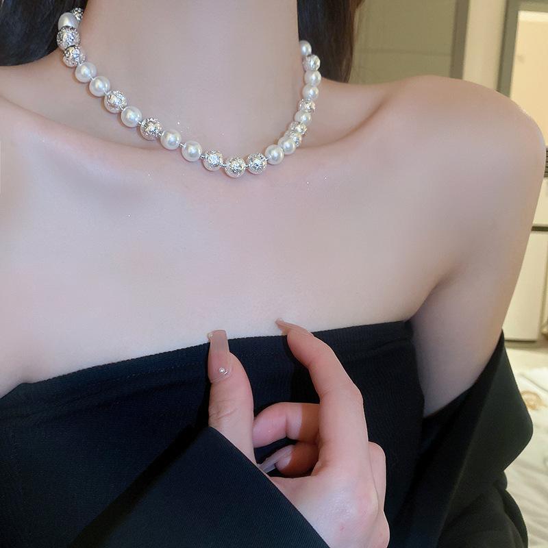 French Long Stacked Colored Pearl Necklace, Simple Temperament Collarbone Chain, Retro Necklace for Women