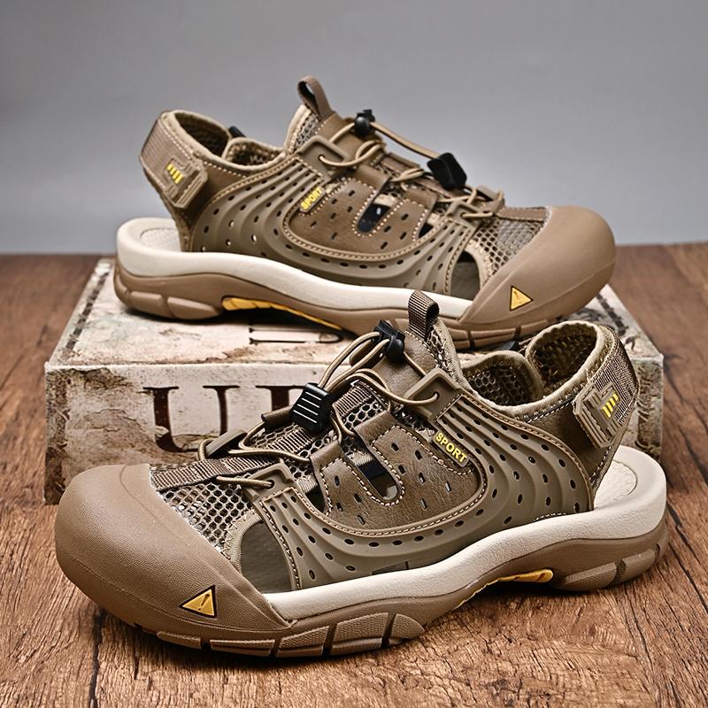 Fashion Non-Slip Walking Sandals Leisure Walk Outdoor Beach Flats Anti-collision Toe Driving Shoes Handmade Men Summer Mesh Footwear