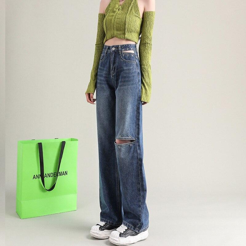 

Осенние винтажные джинсы с высокой талией градиентного цвета, широкие джинсы для женщин, уличная одежда, повседневные свободные прямые брюки, свободные джинсовые брюки 31 синий