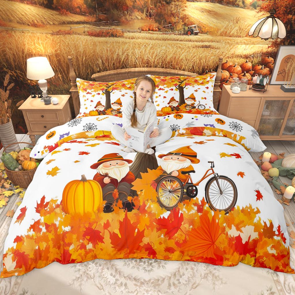 Homewish Happy Thanksgiving Day Duvet Cover Set Autumn Pumpkin Bedding Set Kawaii Turkey Fall Gnome Comforter Cover Set