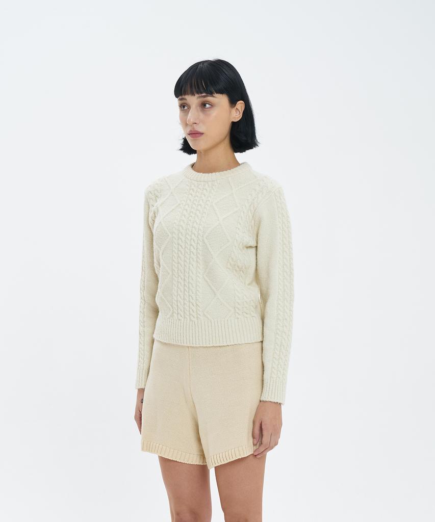 BLOND9 Fisherman Cable Wool Knit Sweater_Cream