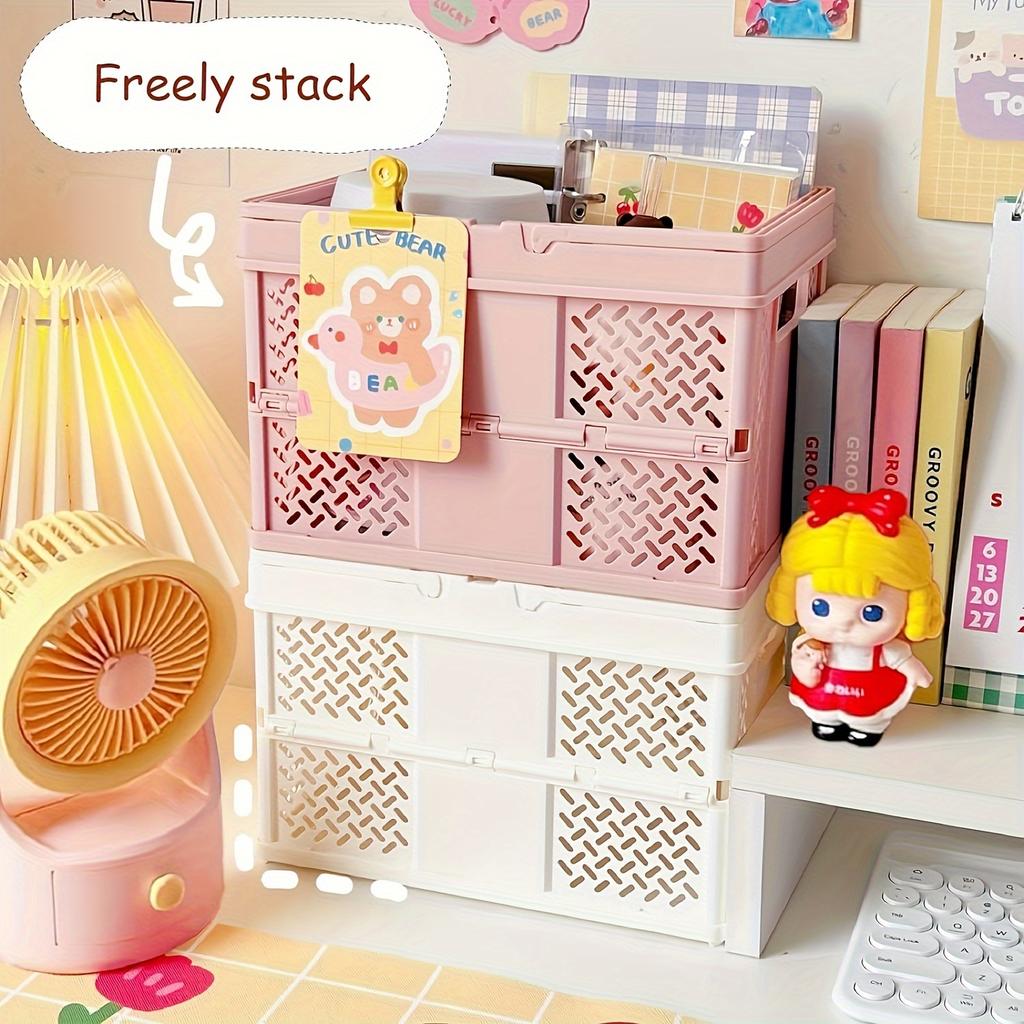 1pc Collapsible Storage Basket with Handle for Desktop Bookshelf Drawer, Stackable Folding Container for Kitchen, Bedroom, Office