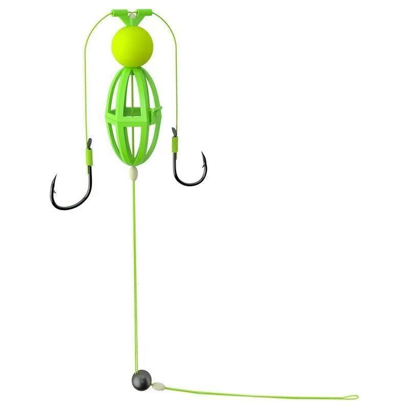 1PC Iseni Fluorescent Hook Flexible Bait Reverse Bottom Fishing Line Set Bait Cage Line Double Hook Return Bottom Buoyancy Ball Set