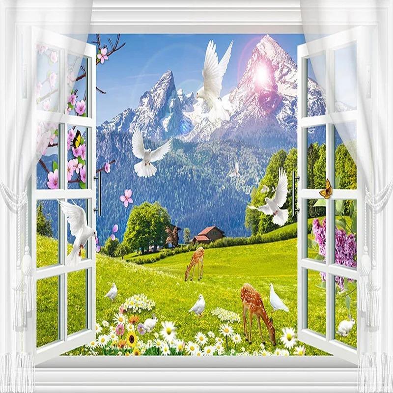 3d Window Snow Mountain Wallpaper Grassland Animal Landscape Photo Wall Murals Living Room Bedroom Wall Paper