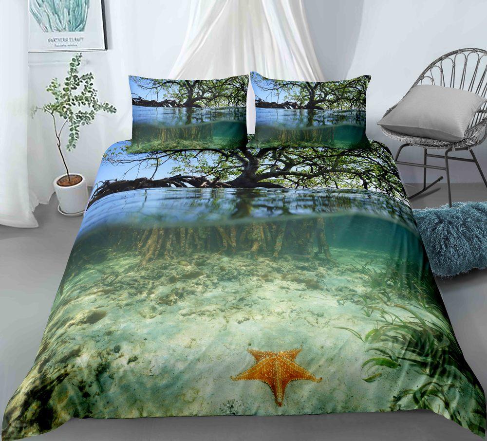 Blue Ocean King Queen Duvet Cover Cartoon Starfish Shell Bedding Set For Kid Teens Adults Sea Beach 2/3pcs Polyester Quilt Cover