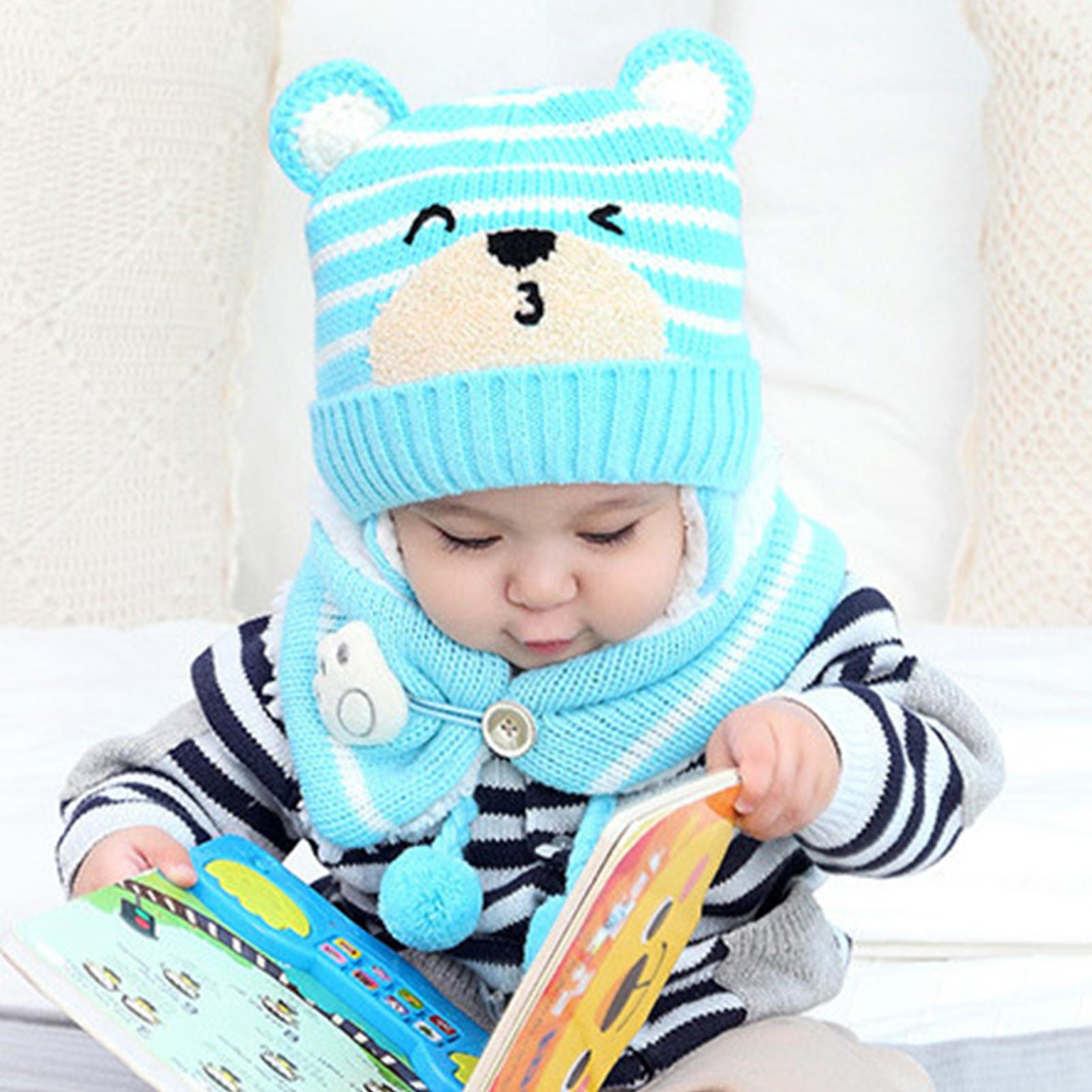 

Зимняя детская вязаная шапка с рисунком медведя в полоску для маленьких девочек и мальчиков, шапка из шерстяной пряжи, шарф, шапка, сохраняющий тепло, комплект для улицы