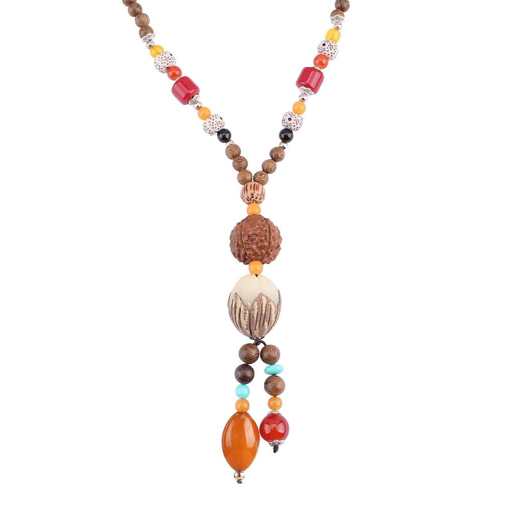 Ethnic Style Bodhi Sweater Necklace with Cotton Linen and Wood Prayer Beads