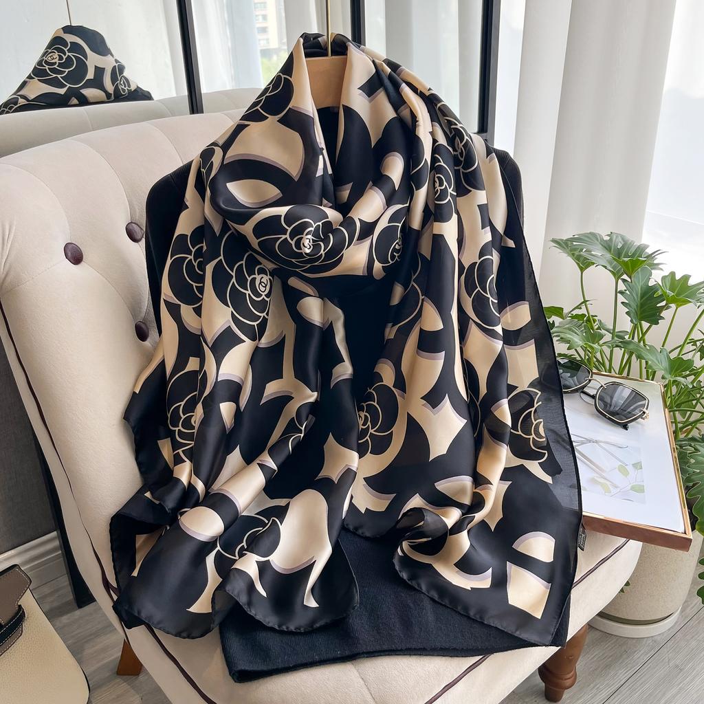 Popular 180X90CM Print Bandannas Europe America Silk Scarves Four Seasons Satin Beach Towel Fashion Flower Long Shawls