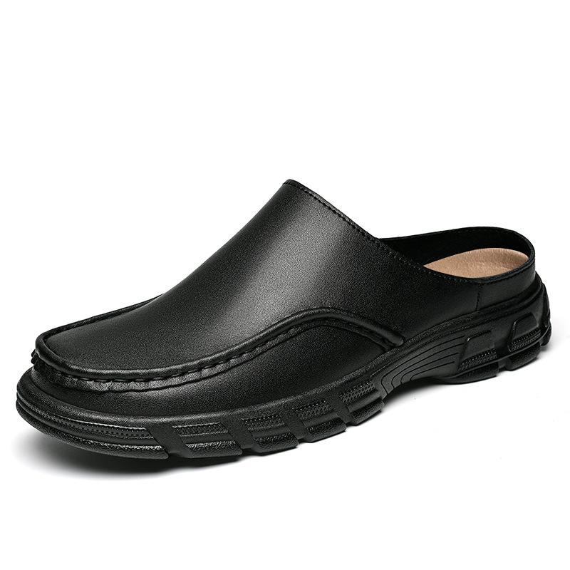 Half-drag leather shoes without heel casual lazy slippers breathable beanie shoes half-tray sandals