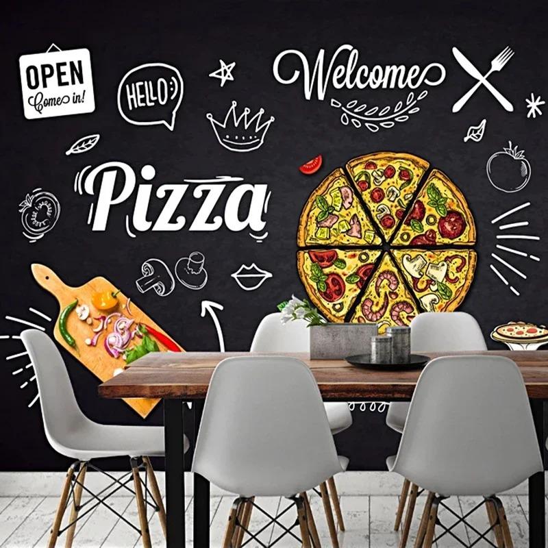 3d Photo Wallpaper Black Hand Painted Pizza Shop Wall Mural Restaurant Menu Dining Room Wall Paper Decor