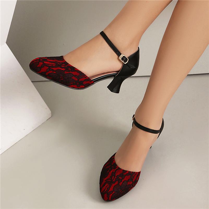 Meotina Dámské dvoudílné lodičky Mary Janes s kulatou špičkou, silným středním podpatkem a přezkou, jednoduché dámské módní boty jaro podzim červené černé 46