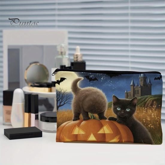 Ghost Design Storage Bag Bag, with Halloween Pattern Printed, Smooth Zipper Reusable Canvas Makeup Large Capacity Travel Cosmetic Pouch Tight Sealing