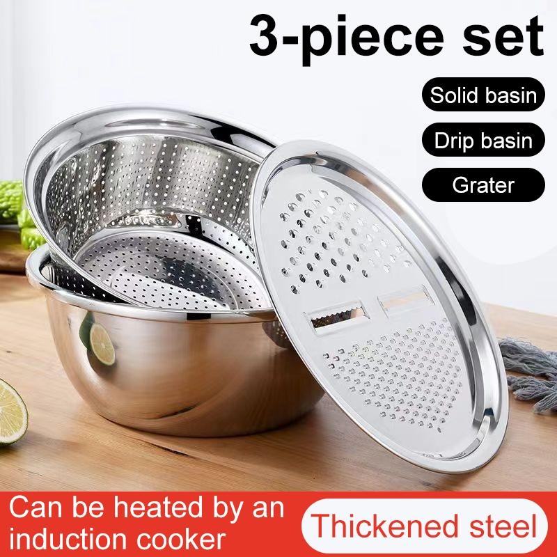 3 in 1 Stainless Steel Vegetable Strainer Slicer Cutter Graters Drain Basket Vegetable Salad Maker Bowl Kitchen Accessories Tool