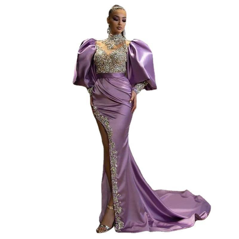 New European And American Dresses, Princess Sleeves, Hip-Wrapped Long Dresses, Trailing And Gold Temperament Evening Dresses