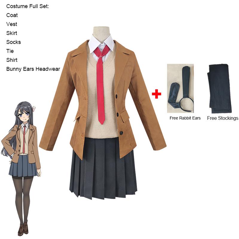 Anime Sakurajima Mai Cosplay Kostuum Rascal Does Not Dream of Bunny Girl Senpai Mai Sakurajima Cosplay Pruik Konijnenoren Hoofddeksel S brown
