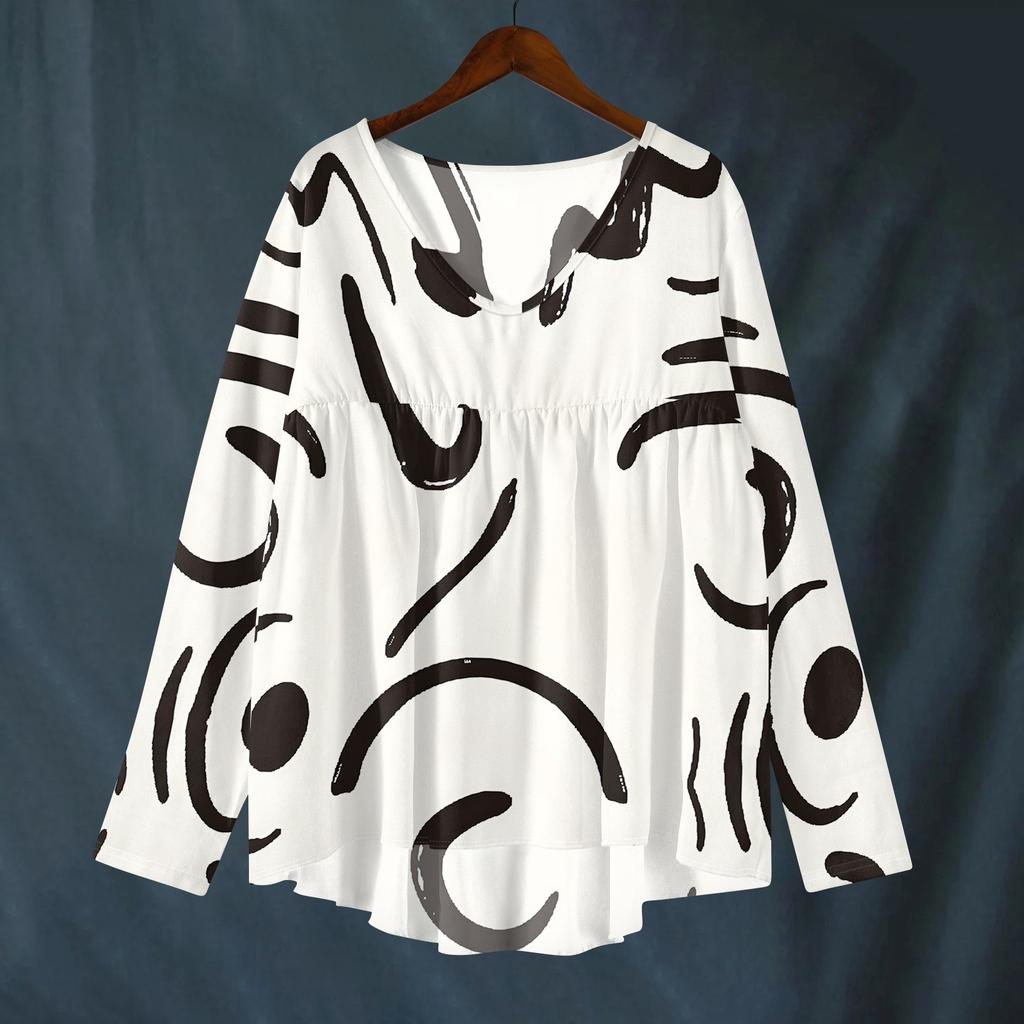 Women's Fashionable And Casual Shirt Long-sleeved V-neck Print Cotton And Linen Blouse