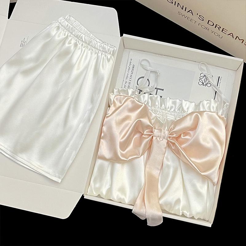 Summer Pajamas Women's Sweet Suspenders Shorts Pure Desire Wind Bow Cute Girls Loungewear Set Tiled