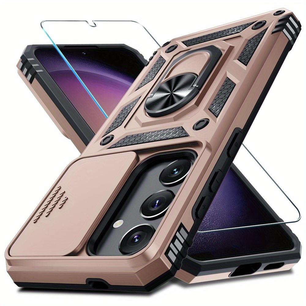 Schutzhülle für Samsung Galaxy S25 S24 Ultra S23 Plus S22 S21 S20 FE 5G mit einem Displayschutz aus gehärtetem Glas, Ring-Kickstand, Schiebekameraabdeckung