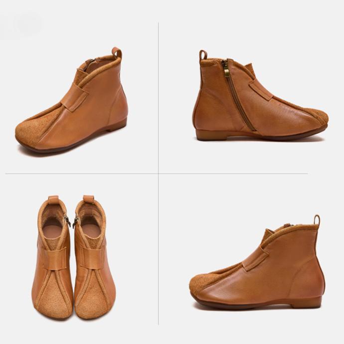 Johnature Sapatos femininos de couro legítimo, bota curta retrô confortável e de fundo plano