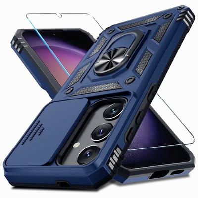 Schutzhülle für Samsung Galaxy S25 S24 Ultra S23 Plus S22 S21 S20 FE 5G mit einem Displayschutz aus gehärtetem Glas, Ring-Kickstand, Schiebekameraabdeckung