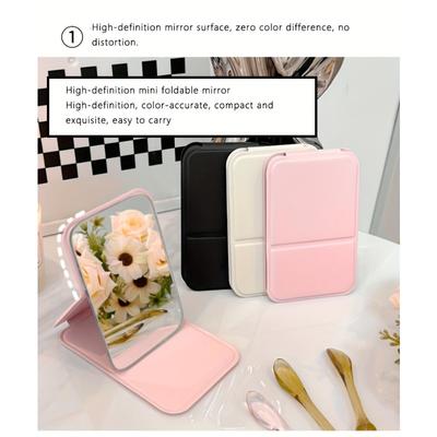 PU Portable Folding Makeup Mirror Mini Desktop Handheld Compact Travel Mirror, Lightweight Dormitory Office Dressing Essential