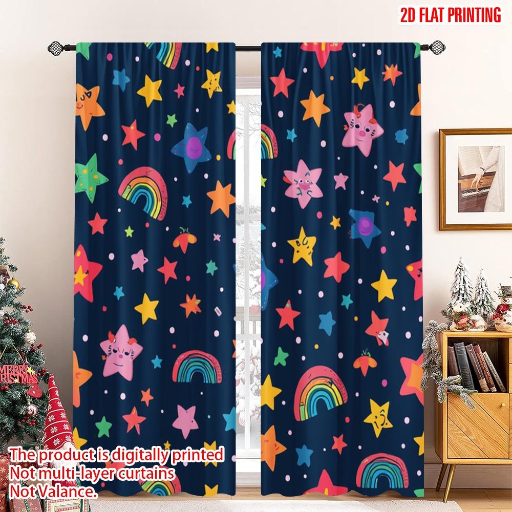 

Set Of 2 Flat Printing Drapes Starry Sky Rainbow Digital Printed Polyester Festive Wall Decor Perfect Home Party Curtain W100*H70(CM)-Hooks&2PCS