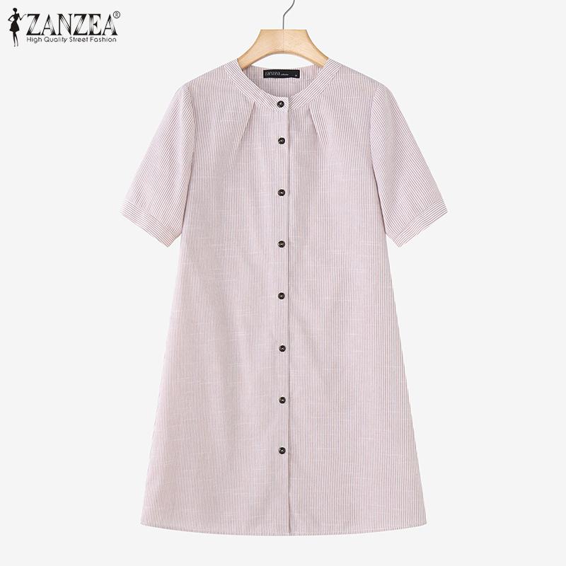 ZANZEA Women Round Neck Short Sleeve Striped Casual Shirts Dress