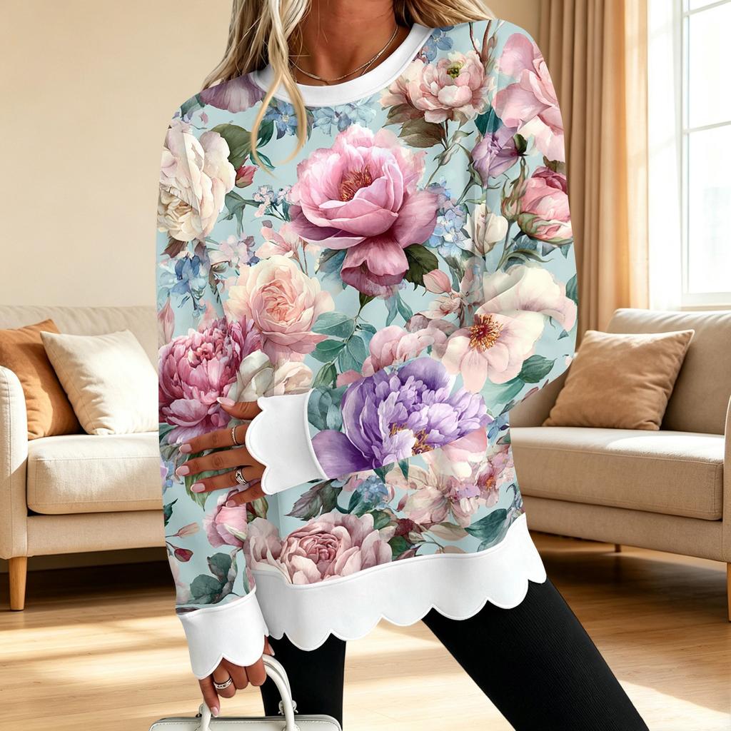 Dame Sweatshirt med Blomstertryk og Rund Hals med Skåret Bølget Kant Langærmet Pullover Top