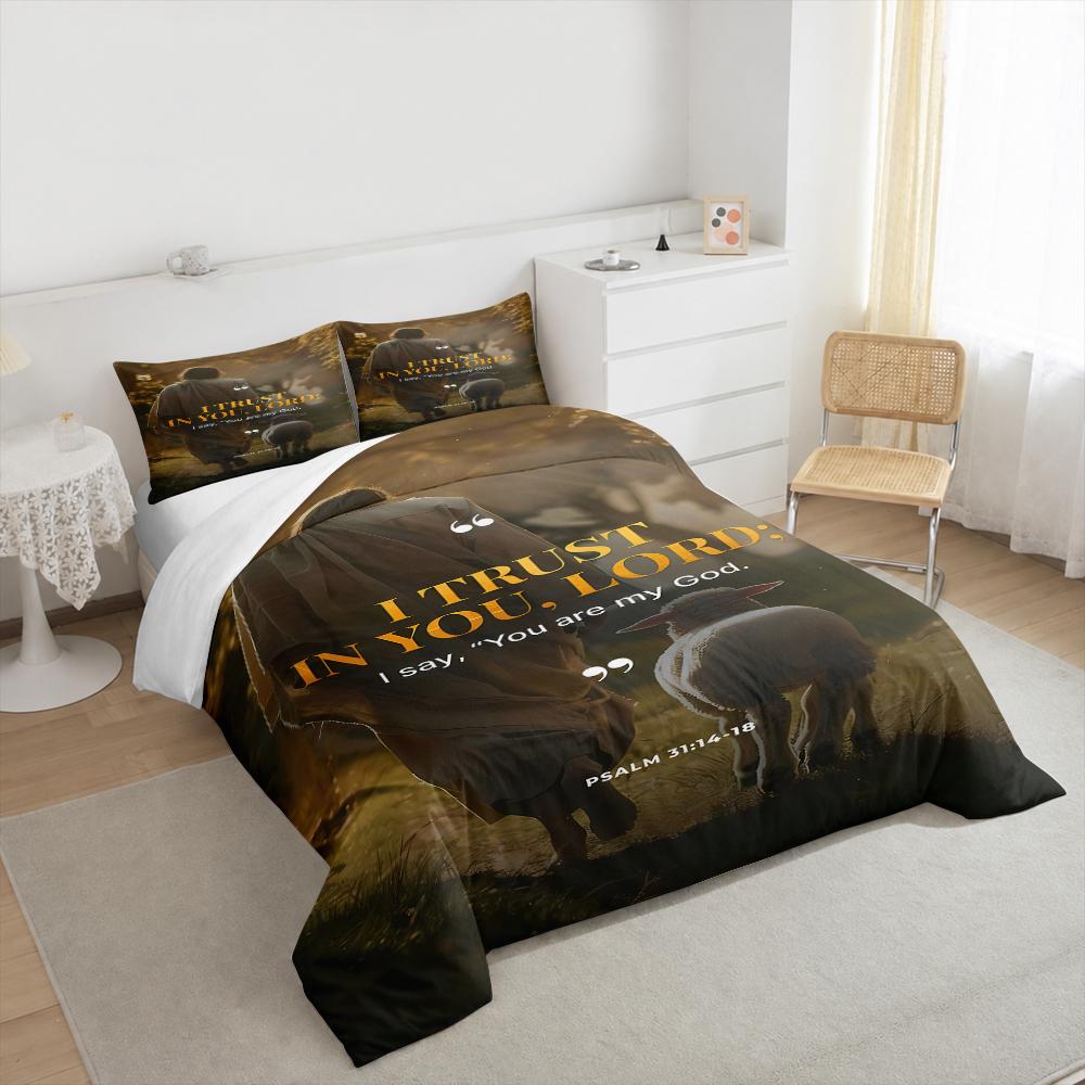 Duvet Cover Set Jesus Walking With Lamb Psalm 31 I Trust In You Lord Golden Forest Warm Light Christian Religious Art Print for Adult Room Decor